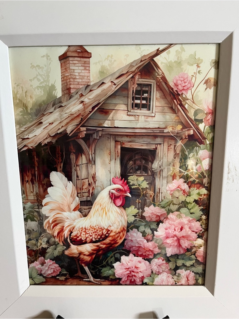 Hobby Lobby White Framed Rooster Art Print with Pink Floral Accents - Picture 4 of 13